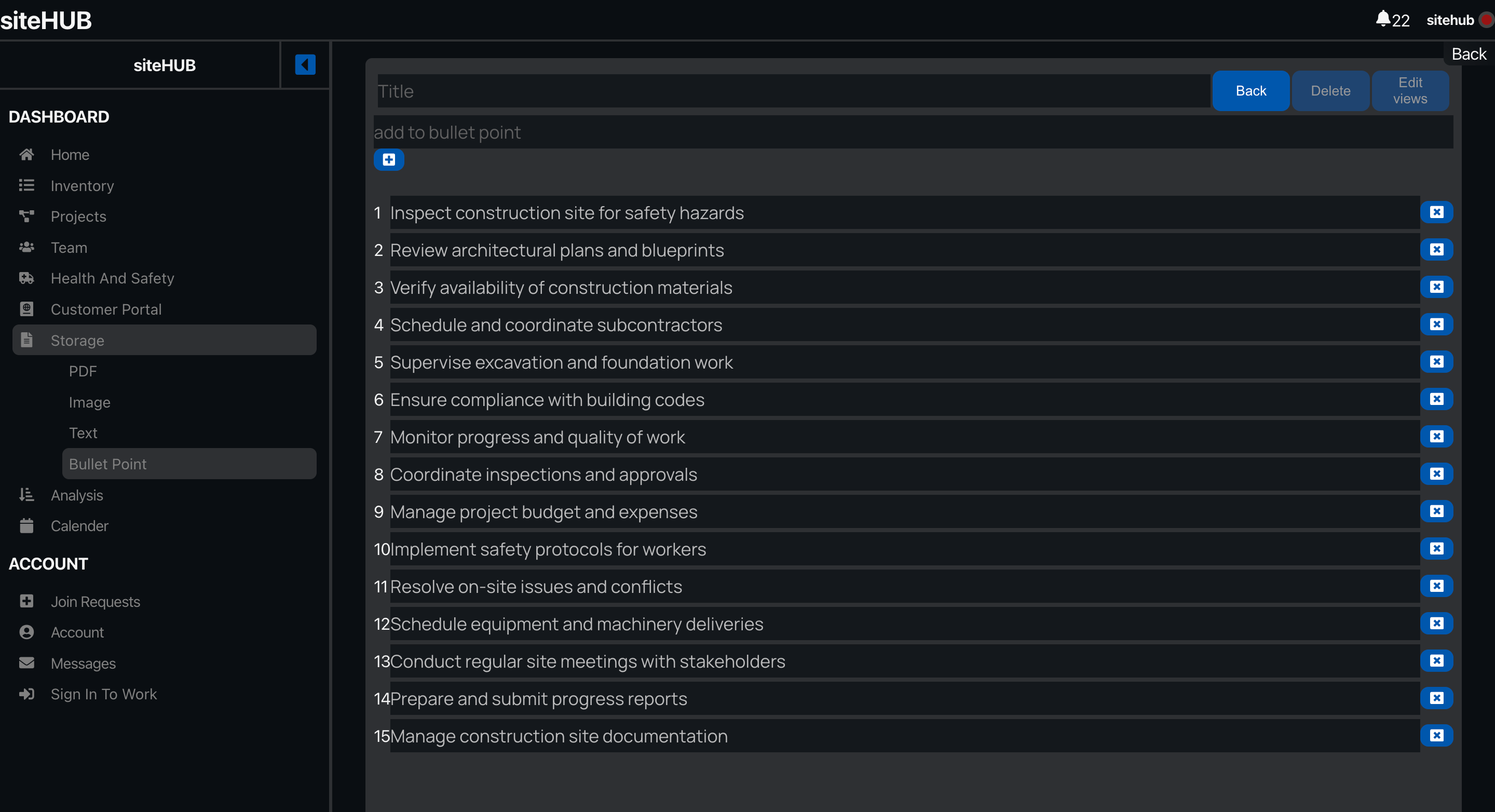 List Storage and sharing on siteHUB project management software