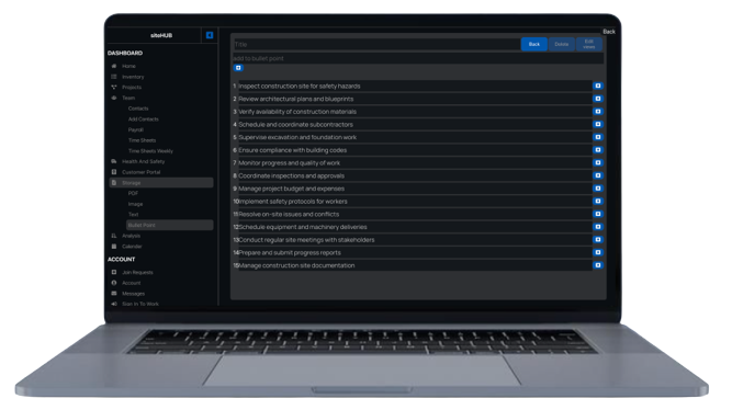 Bullet point storage and sharing on siteHUB project management software, helping construction companies expand