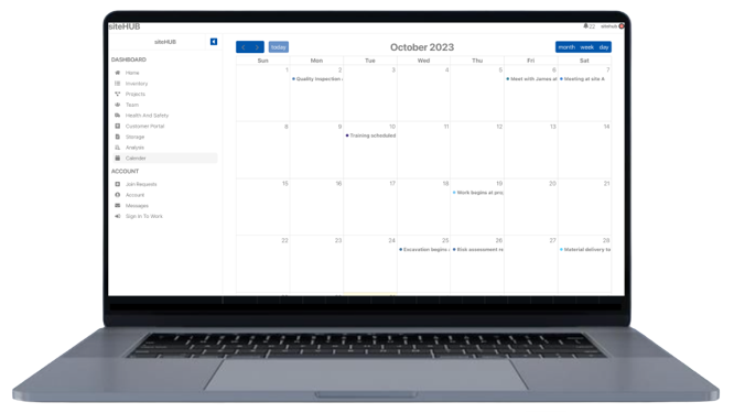 siteHUB calender, construction project scheduling on a laptop view