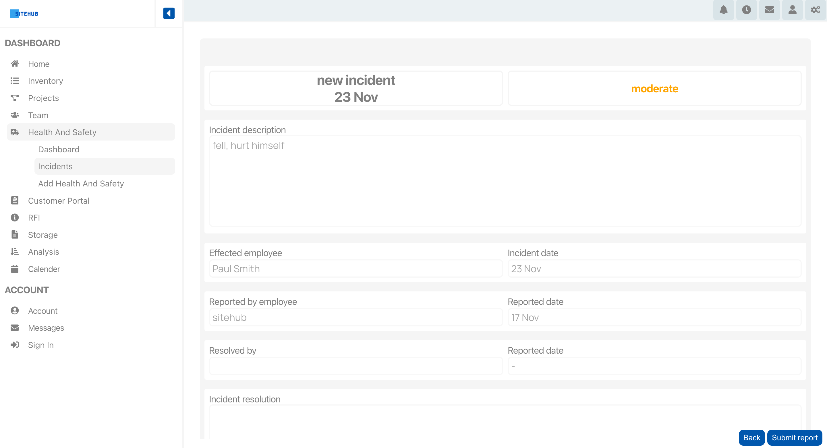 Health and safety response reporting, managers can respond to incidents and report safety measures and steps taken with siteHUB construction company management software