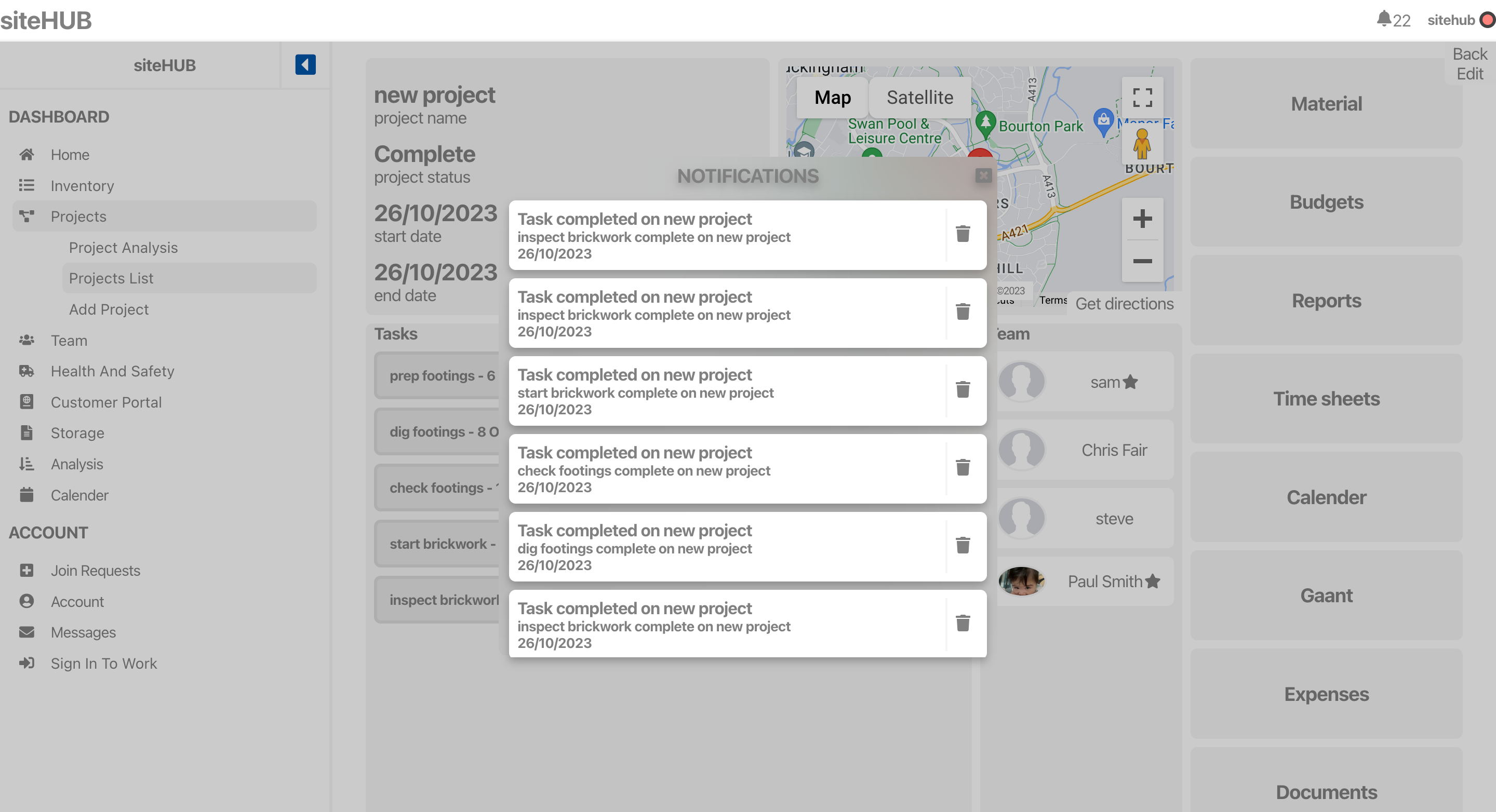 Real-Time construction project Updates on siteHUB project management software