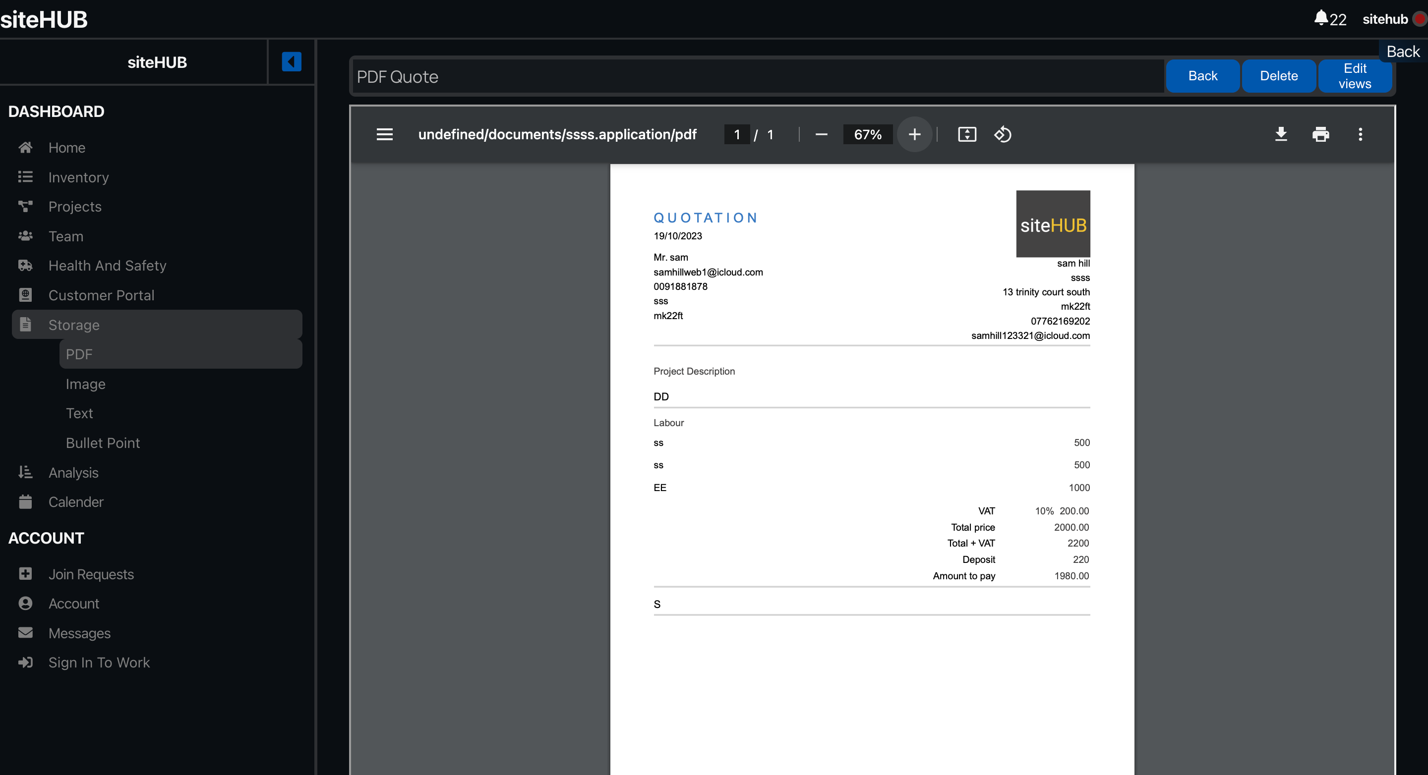 PDF document Storage and sharing on siteHUB project management software