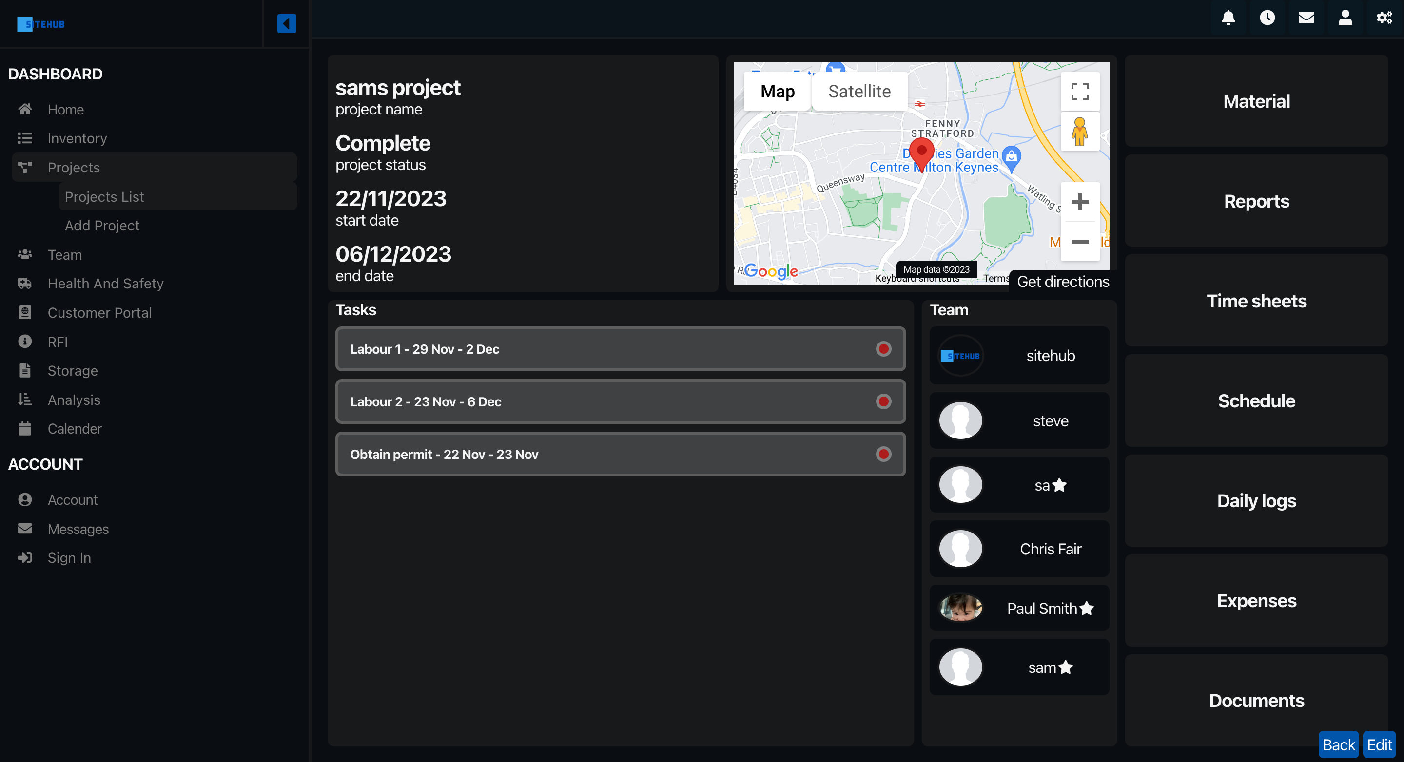 Project management dashboard, allowing construction teams to manage project tasks, project expenses, project time sheets, inventory & more with siteHUB