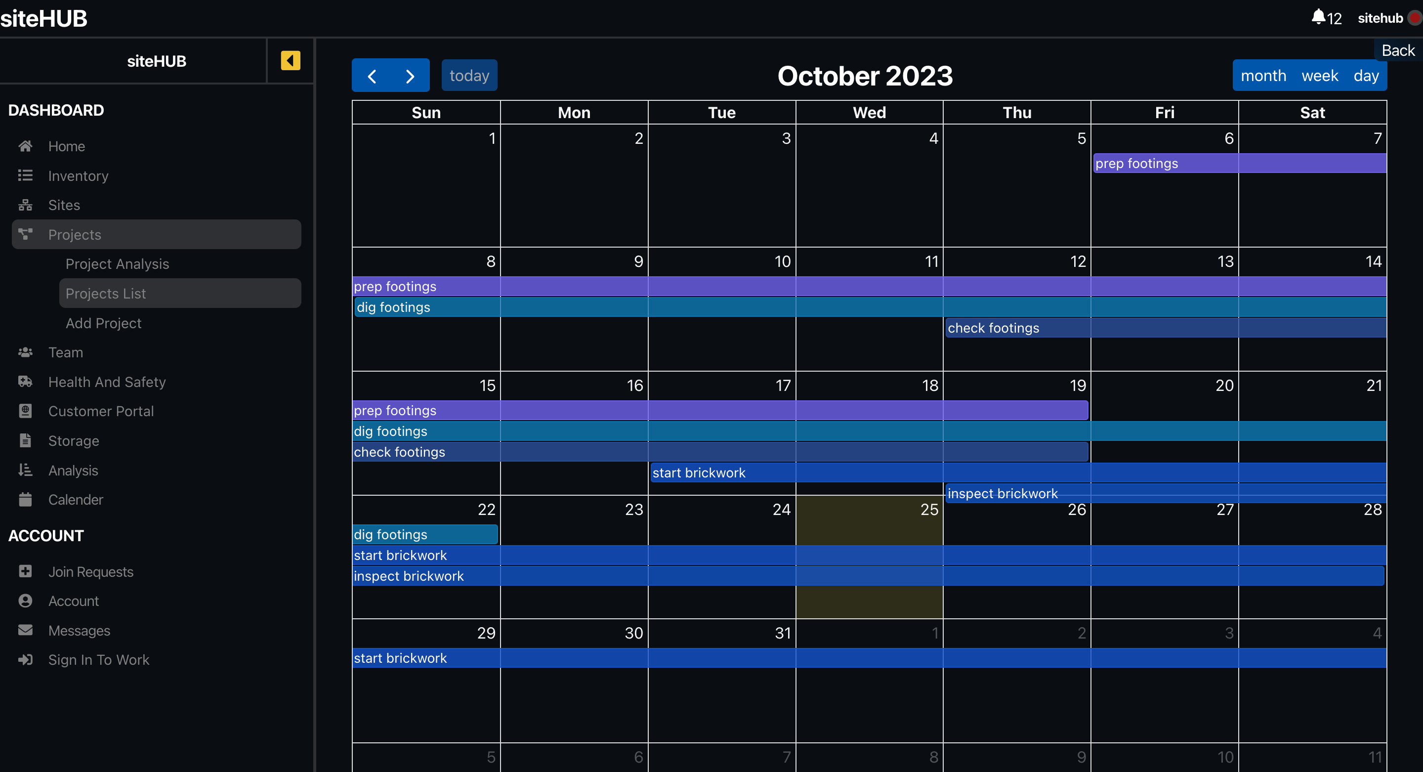 Don't like Gantt? project management scheduling simplified with project event calender on siteHUB construction management software