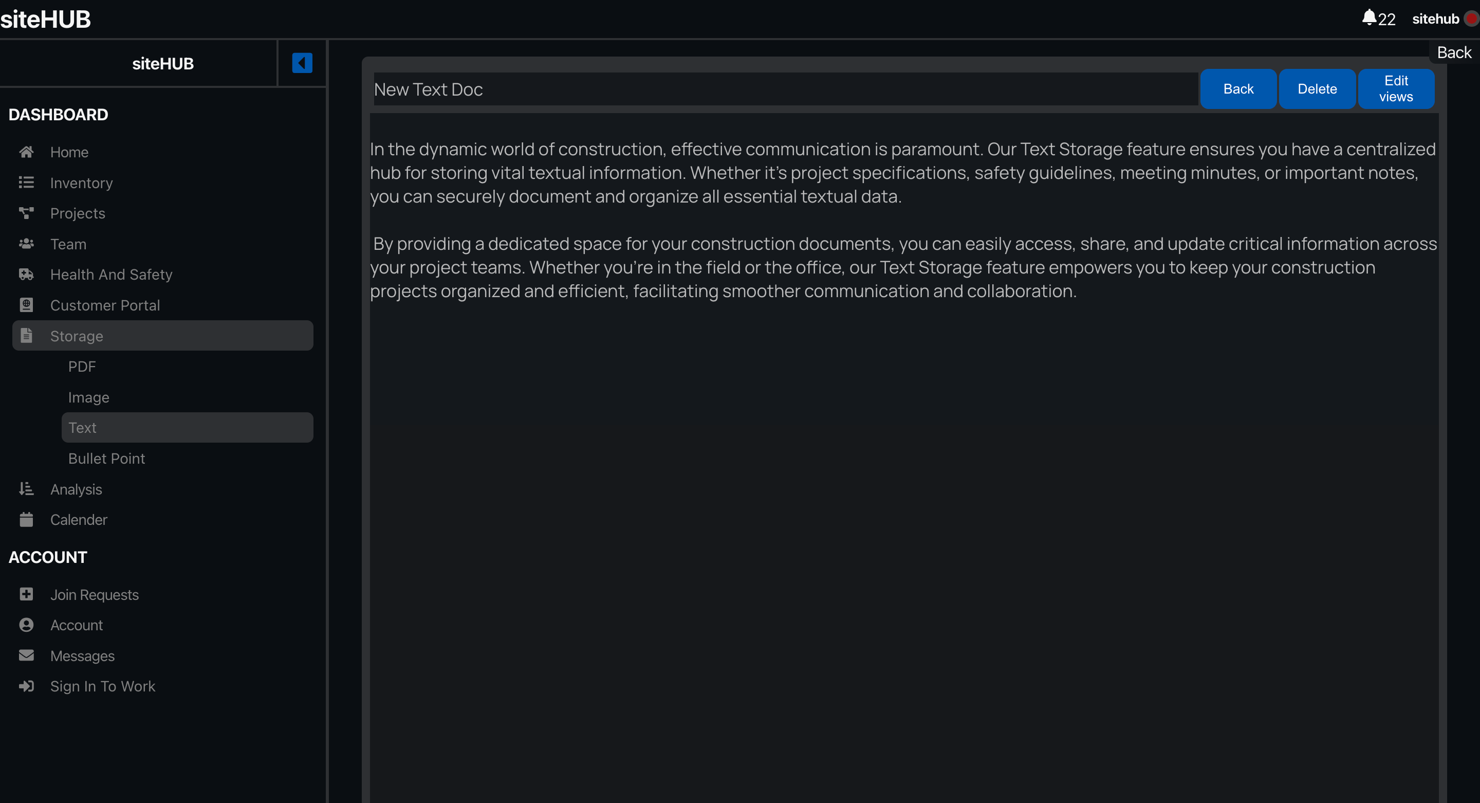 Text Storage and sharing on siteHUB project management software