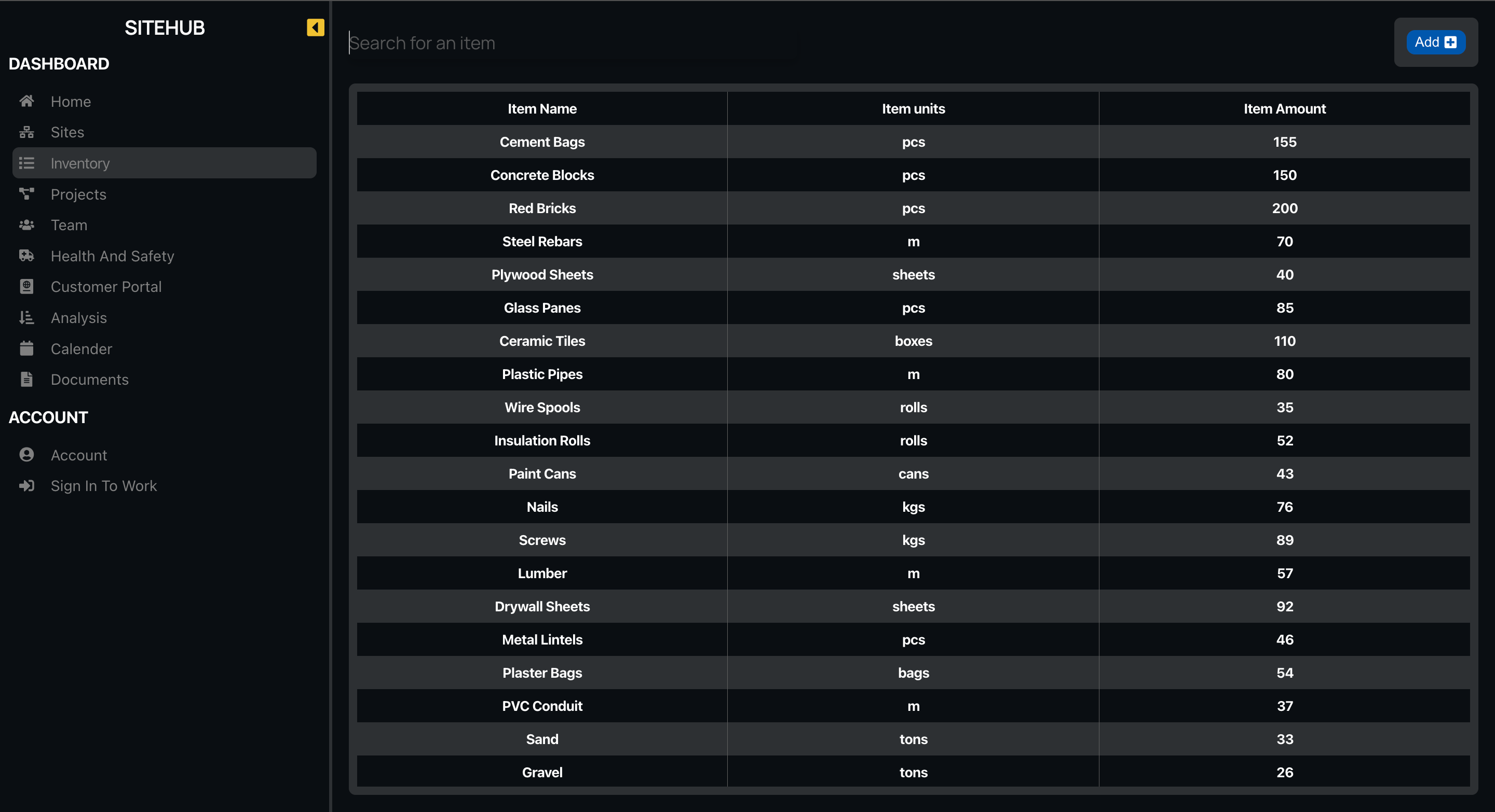 Construction company inventory waste savings with siteHUB management dashboard