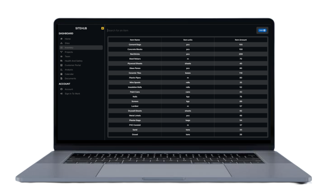 construction company inventory management on a laptop view with siteHUB